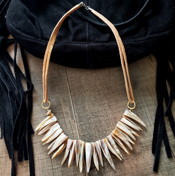 Ooak Artisan Mother of Pearl and Leather Necklace - Picture 2 of 4